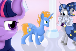 Size: 1280x853 | Tagged: safe, artist:shinhoffman, imported from derpibooru, star swirl the bearded, twilight sparkle, oc, oc:harmony star, alicorn, alicorn oc, canon x oc, female, horn, male, shipping, straight, twimony