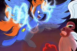 Size: 1280x853 | Tagged: safe, artist:shinhoffman, imported from derpibooru, lord tirek, oc, oc:harmony star, alicorn, alicorn oc, armpits, fight, horn, lightning, magic