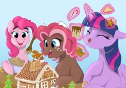 Size: 1280x889 | Tagged: safe, artist:rutkotka, imported from derpibooru, pinkie pie, twilight sparkle, oc, oc:ginger bread, alicorn, earth pony, pony, batter, candy, candy cane, cookie, eating, food, gingerbread house, tongue out, twilight sparkle (alicorn)