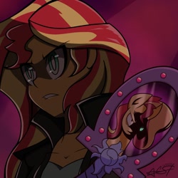 Size: 1280x1280 | Tagged: safe, artist:chris-star-fer, imported from derpibooru, sunset shimmer, pony, unicorn, equestria girls, bust, duality, evil, female, human ponidox, magic mirror, mirror, self ponidox, shadow, solo