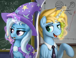 Size: 2777x2100 | Tagged: safe, artist:awalex, imported from derpibooru, trixie, oc, oc:harmony star, alicorn, unicorn, a matter of principals, alicorn oc, banana, bananaphone, duo, food, horn, male, necktie, phone call, stallion, what exactly is a long-distance plan