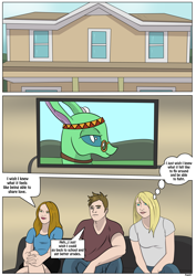 Size: 2893x4092 | Tagged: safe, artist:ltcolonelwhipper, artist:rex-equinox, imported from derpibooru, free love (changedling), changedling, changeling, human, comic:sharing your wishes!, comic, commission, couch, dialogue, female, high res, house, male, sitting, speech bubble, story included, television, thought bubble, tymbal, watching, wish