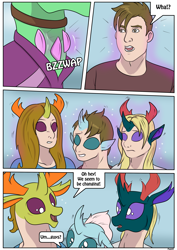 Size: 2893x4092 | Tagged: safe, artist:ltcolonelwhipper, artist:rex-equinox, imported from derpibooru, free love (changedling), ocellus, pharynx, thorax, changedling, changeling, human, comic:sharing your wishes!, age regression, comic, commission, dialogue, female, female to male, high res, human to changeling, king thorax, magic, male, male to female, onomatopoeia, open mouth, prince pharynx, rule 63, smiling, sound effects, speech bubble, story included, transformation, transgender transformation, tymbal