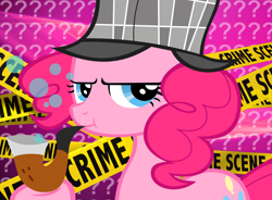 Size: 1140x840 | Tagged: artist needed, safe, artist:the smiling pony, imported from derpibooru, pinkie pie, earth pony, pony, mmmystery on the friendship express, bubble pipe, card sleeve, crime scene, deerstalker, detective, female, hat, pipe, police tape, sherlock holmes, sherlock pie, solo