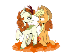 Size: 1499x1129 | Tagged: safe, artist:cassettepunk, imported from derpibooru, applejack, autumn blaze, earth pony, kirin, pony, autumnjack, cloven hooves, cowboy hat, eye contact, female, hat, lesbian, looking at each other, mare, shipping, simple background, smiling, tail seduce, white background