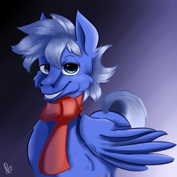 Size: 3000x3000 | Tagged: safe, artist:rainy105, imported from derpibooru, oc, oc only, oc:daily air, pegasus, pony, clothes, gradient background, looking at you, male, scarf, sign, smiling, solo