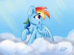 Size: 1280x960 | Tagged: safe, artist:lazybread, artist:verylazybread, imported from derpibooru, rainbow dash, pegasus, pony, chest fluff, cloud, crepuscular rays, female, looking sideways, mare, on a cloud, open mouth, profile, signature, sky, solo