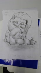 Size: 2352x4160 | Tagged: safe, artist:strategypony, imported from derpibooru, fluttershy, pegasus, pony, drawing, female, sad, sitting, sketch, solo, traditional art