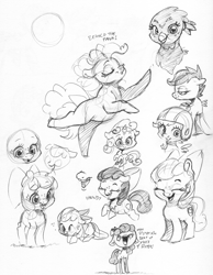 Size: 2433x3129 | Tagged: safe, artist:dilarus, deleted from derpibooru, imported from derpibooru, apple bloom, gabby, pinkie pie, scootaloo, sweetie belle, earth pony, griffon, pegasus, pony, unicorn, apple bloom's bow, bow, cutie mark crusaders, dialogue, eyes closed, female, filly, floppy ears, freckles, hair bow, helmet, howdy, mare, monochrome, simple background, traditional art, white background
