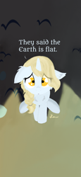 Size: 1080x2340 | Tagged: safe, artist:kotwitz, imported from derpibooru, oc, oc only, oc:aria taitava, pony, unicorn, blonde, braid, dialogue, discussion in the comments, flat earth, floppy ears, fluffy, frown, looking at you, looking up, sad, sitting, solo