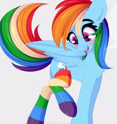 Size: 2037x2154 | Tagged: safe, artist:omi, deleted from derpibooru, edit, imported from derpibooru, rainbow dash, pegasus, pony, blushing, butt fluff, cheek fluff, chest fluff, clothes, cropped, cute, cutie mark, daaaaaaaaaaaw, dashabetes, female, gray background, happy, mare, one wing out, open mouth, rainbow socks, raised hoof, simple background, smiling, socks, solo, speech bubble, striped socks, wings