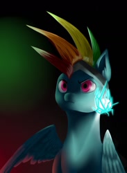 Size: 1024x1401 | Tagged: safe, artist:fixielle, imported from derpibooru, rainbow dash, pegasus, pony, abstract background, alternate hairstyle, badass, ball lightning, female, helmet, lightning, mare, mohawk, narrowed eyes, one wing out, solo, wings