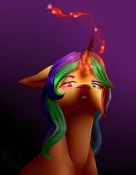 Size: 992x1275 | Tagged: safe, artist:fixielle, imported from derpibooru, oc, oc only, oc:magic elements, pony, unicorn, bloodshot eyes, female, fire, floppy ears, glowing horn, gradient background, heterochromia, horn, lidded eyes, looking at you, looking down, magic, mare, redraw, solo