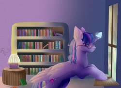 Size: 1024x749 | Tagged: safe, artist:fixielle, imported from derpibooru, twilight sparkle, alicorn, butterfly, pony, book, bookshelf, chest fluff, cutie mark, ear fluff, female, glasses, leaning, leg fluff, looking at you, mare, solo, stars, twilight sparkle (alicorn), window