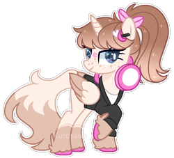 Size: 1022x926 | Tagged: safe, artist:firespark51, artist:kurosawakuro, imported from derpibooru, oc, oc only, alicorn, pony, alicorn oc, base used, bow, clothes, female, freckles, hair bow, headphones, hoodie, horn, mare, ponytail, simple background, solo, transparent background, unshorn fetlocks, white outline