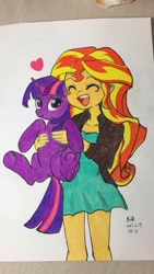 Size: 540x960 | Tagged: safe, artist:李硕, imported from derpibooru, sunset shimmer, twilight sparkle, equestria girls, clothes, cute, dress, duo, duo female, female, shimmerbetes, smiling, twiabetes