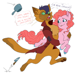 Size: 1024x1018 | Tagged: safe, artist:pikokko, imported from derpibooru, capper dapperpaws, pinkie pie, oc, oc:rose gold, abyssinian, anthro, digitigrade anthro, earth pony, pony, carrying, chest fluff, clothes, coat, colored hooves, cuphead, dialogue, female, knife, mare, pinkie clone, pot, running, running away, simple background, throwing, transparent background