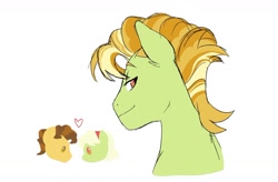 Size: 1024x673 | Tagged: safe, artist:pikokko, imported from derpibooru, grand pear, granny smith, oc, oc:luster rush, earth pony, heart, offspring, parent:grand pear, parent:granny smith, parents:pearsmith, pearsmith, simple background, white background, young grand pear, young granny smith, younger