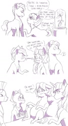 Size: 1024x1883 | Tagged: safe, artist:pikokko, imported from derpibooru, applejack, grand pear, granny smith, twilight sparkle, zecora, alicorn, earth pony, pony, growing up is hard to do, the perfect pear, bed, blushing, comic, dialogue, flirting, flower, headcanon, headcanon in the description, monochrome, pearsmith, pregnant, twilight sparkle (alicorn), whistling, young grand pear, young granny smith, younger