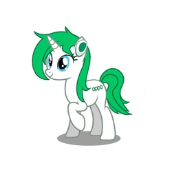 Size: 720x720 | Tagged: safe, imported from derpibooru, pony, unicorn, blue eyes, earbuds, green mane, oppo, ponified, realme, reno, simple background, solo, white background, white body