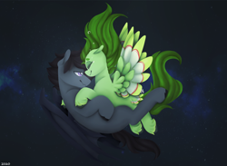 Size: 3000x2200 | Tagged: safe, artist:liefsong, imported from derpibooru, oc, oc only, oc:lief, oc:windwalker, bat pony, pegasus, couple, space, windsong, wings