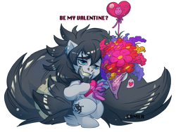 Size: 1455x1095 | Tagged: safe, artist:thegamercolt, imported from derpibooru, oc, oc only, oc:gamercolt, earth pony, pony, box of chocolates, flower, holiday, impossibly large tail, simple background, solo, transparent background, valentimes day, valentine's day