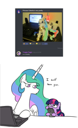 Size: 994x1636 | Tagged: safe, artist:jargon scott, imported from derpibooru, princess celestia, twilight sparkle, alicorn, pony, celestia is not amused, cellphone, computer, discord (program), female, irl, laptop computer, meta, no pupils, phone, photo, plushie, printheth thun, pure unfiltered evil, smartphone, twiggie, unamused