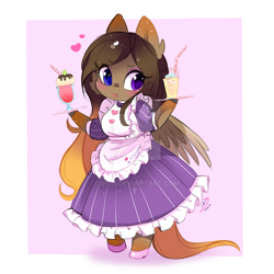 Size: 600x600 | Tagged: safe, artist:ipun, imported from derpibooru, oc, oc only, anthro, pegasus, unguligrade anthro, anthro oc, arm hooves, blushing, chibi, clothes, deviantart watermark, dress, female, friendship cafe, heart, heterochromia, maid, mare, obtrusive watermark, shoes, solo, watermark