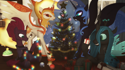 Size: 1920x1080 | Tagged: safe, artist:feuerrader-nmm, imported from derpibooru, daybreaker, nightmare moon, queen chrysalis, tempest shadow, changeling, pony, 3d, christmas, christmas lights, christmas tree, holiday, present, tree