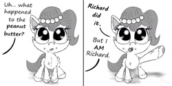 Size: 1280x647 | Tagged: safe, artist:chopsticks, imported from derpibooru, oc, oc only, oc:brownie bun, oc:richard, horse wife, blatant lies, chest fluff, comic, cute, dialogue, ear fluff, female, food, funny, hoof fluff, mare, monochrome, ocbetes, offscreen character, offscreen human, peanut butter, text