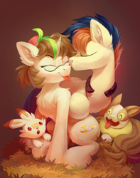 Size: 2832x3592 | Tagged: safe, artist:draconidsmxz, imported from derpibooru, oc, oc only, oc:dr tuo, oc:draconidsmxz, earth pony, pony, scorbunny, unicorn, :p, earth pony oc, high res, horn, kiss, kissing, nose kiss, oc x oc, pokémon, shipping, tongue out, unicorn oc, yamper