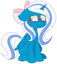 Size: 842x949 | Tagged: safe, artist:jetjetj, imported from derpibooru, part of a set, oc, oc only, oc:fleurbelle, alicorn, pony, adorabelle, blushing, bow, commission, cute, female, hair bow, looking to the left, mare, simple background, sitting, solo, transparent background, ych result, yellow eyes