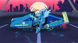 Size: 3508x1974 | Tagged: safe, artist:satv12, imported from derpibooru, rainbow dash, pegasus, pony, akira, clothes, female, hoverbike, solo, uniform, wonderbolts uniform