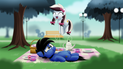 Size: 800x450 | Tagged: safe, artist:jhayarr23, imported from derpibooru, oc, oc only, oc:vanilla cream, oc:xeto, pony, basket, bench, cup, female, filly, lamppost, male, picnic basket, picnic blanket, stallion, teacup, tree