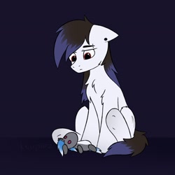 Size: 2048x2048 | Tagged: safe, artist:keupoz, imported from derpibooru, oc, oc only, oc:keupoz, oc:niexe, earth pony, unicorn, female, male, plushie, sad, simple background, sitting