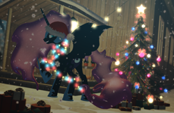 Size: 1700x1100 | Tagged: safe, artist:feuerrader-nmm, imported from derpibooru, nightmare moon, pony, 3d, christmas, christmas lights, christmas tree, female, hat, holiday, present, santa hat, snow, snowfall, solo, tree