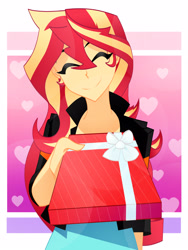 Size: 2448x3264 | Tagged: safe, artist:xan-gelx, imported from derpibooru, sunset shimmer, human, equestria girls, clothes, commission, cute, digital art, eyes closed, female, holiday, present, shimmerbetes, smiling, solo, valentine's day