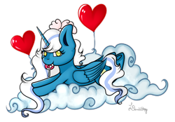 Size: 1280x892 | Tagged: safe, artist:lomavithky, imported from derpibooru, oc, oc only, oc:fleurbelle, alicorn, pony, balloon, bow, candy, cloud, female, food, hair bow, heart balloon, hearts and hooves day, holiday, lollipop, mare, simple background, solo, transparent background, valentine's day