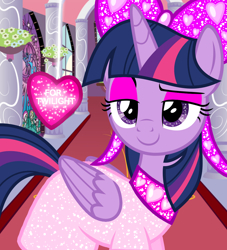 Size: 1000x1100 | Tagged: safe, artist:katya, artist:sketchmcreations, edit, editor:katya, imported from derpibooru, twilight sparkle, alicorn, pony, canterlot castle, clothes, dress, female, glow, glowing, heart, hearts and hooves day, holiday, solo, sparkles, twilight sparkle (alicorn), valentine's day