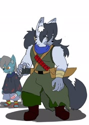 Size: 1451x2048 | Tagged: safe, alternate version, artist:omegapony16, imported from derpibooru, oc, oc only, oc:oriponi, anthro, plantigrade anthro, wolf, bandage, blood, boots, clothes, duo, ear fluff, ear piercing, earring, feather, furry, furry oc, hoodie, jewelry, knife, male, mouth hold, pants, piercing, sandals, shoes, simple background, smiling, solo, species swap, sword, weapon, white background