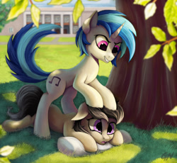 Size: 1194x1100 | Tagged: safe, artist:foxpit, artist:gouransion, imported from derpibooru, dj pon-3, octavia melody, vinyl scratch, earth pony, pony, unicorn, fanfic:university days, duo, duo female, female, head massage, leaves, mare, massage, prone, tree