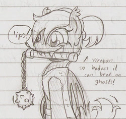 Size: 564x533 | Tagged: safe, artist:ravenpuff, imported from derpibooru, oc, oc only, oc:silver step, bat pony, pony, bat pony oc, female, grin, lineart, lined paper, mace, mare, mouth hold, sharp teeth, smiling, solo, speech, teeth, traditional art, weapon