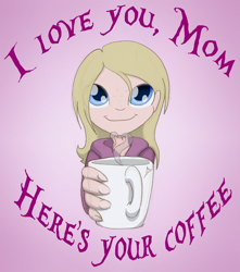 Size: 698x791 | Tagged: safe, artist:ravenpuff, imported from derpibooru, oc, oc only, oc:puffy, human, bust, clothes, coffee, cup, female, gradient background, hoodie, humanized, mother's day, mug, smiling, solo, text