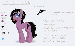 Size: 1066x656 | Tagged: safe, artist:ravenpuff, imported from derpibooru, oc, oc only, oc:puffy, earth pony, pony, earth pony oc, female, freckles, goggles, mare, reference sheet, smiling, solo, text, tongue out