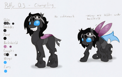 Size: 1026x652 | Tagged: safe, artist:ravenpuff, imported from derpibooru, oc, oc only, oc:puffy, changeling, changeling oc, duo, fangs, female, freckles, goggles, grin, reference sheet, sitting, smiling, text