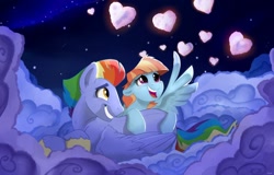 Size: 1280x818 | Tagged: safe, artist:rutkotka, imported from derpibooru, bow hothoof, windy whistles, pegasus, pony, cloud, couple, female, holiday, husband and wife, male, mare, shipping, stallion, straight, valentine's day, windyhoof