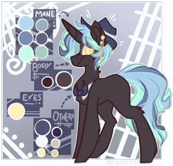 Size: 2230x2140 | Tagged: safe, artist:mcwolfity, imported from derpibooru, oc, oc only, pony, unicorn, bowtie, ear piercing, eye clipping through hair, hat, horn, male, piercing, reference sheet, simple background, solo, stallion, text, transparent background, unicorn oc