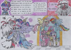 Size: 2482x1750 | Tagged: safe, artist:nephilim rider, imported from derpibooru, applejack, fluttershy, pinkie pie, rainbow dash, rarity, twilight sparkle, oc, oc:heaven lost, alicorn, pony, female, holiday, kissing, mane six, mare, shipping, traditional art, twilight sparkle (alicorn), valentine's day