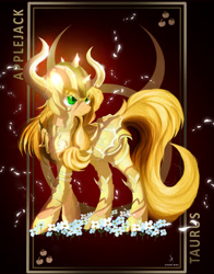 Size: 3928x5000 | Tagged: safe, artist:zidanemina, imported from derpibooru, part of a set, applejack, earth pony, pony, armor, crossover, digital art, female, helmet, mare, part of a series, saint seiya, smiling, solo