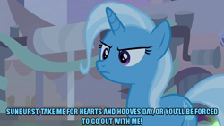 Size: 1280x720 | Tagged: safe, artist:jaredking203, edit, edited screencap, imported from derpibooru, screencap, trixie, road to friendship, caption, image macro, implied shipping, implied straight, implied sunburst, implied trixburst, meme, text, trixie yells at everything